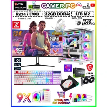 Zeiron Warrior Eagle X55 White Pro Ryzen 7 5700X 32GB 1TB M.2 SSD⚡MSI⚡RTX5060 27" 240Hz Sıvı