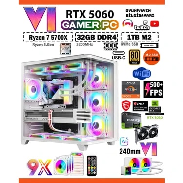 Zeiron Mirage X50 Pro White⚡MSI⚡RTX5060 8GB ∣ R7 5700X ∣ 32GB RAM ∣ 1TB M.2 SSD Sıvı Soğutmalı Oyun