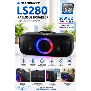 Blaupunkt LS280 Bluetooth Hoparlör Siyah 40W Taşınabilir Kablosuz Ses Bombası IPX4 Suya Dayanıklı