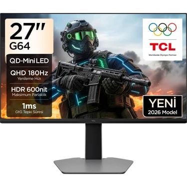 TCL 27G64 Gaming Monitörü 27" 1ms 180Hz Qhd 2k Qd-Mini LED Oyuncu Monitörü (Hdmı+Dp, Fast-Hva