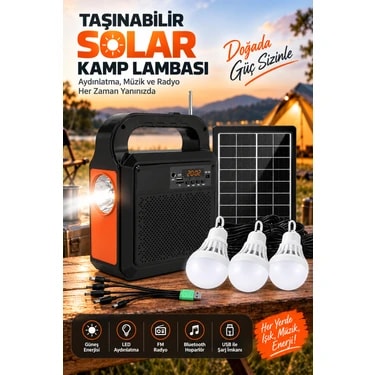 Matechno Taşınabilir Solar Güneş Enerjili LED Kamp Lambası Bluetooth Hoparlör Fm Radyo 3 Ampullü