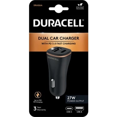 Duracell 18W Araç Şarj Aleti Çakmaklık Type-C PD + USB-A – Çift Çıkışlı Hızlı Şarj