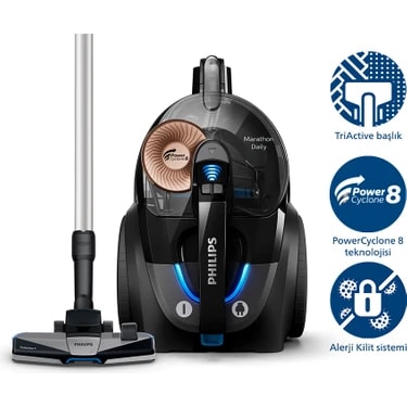 Philips 7000 Serisi Marathon Daily Torbasız Elektrikli Süpürge, 750W, PowerCyclone 8, Alerji Kilit