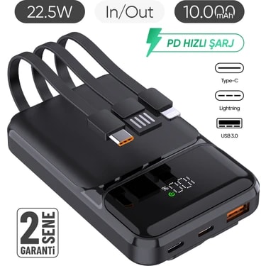 SNP-3006 10.000 Mah Hızlı Şarj LED Göstergeli Powerbank 3in1 Dahili Kablolu Powerbank Çoklu
