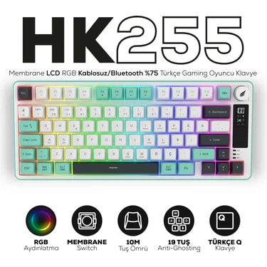 Hawk Gaming Chair HK255 Membrane LCD Rgb Kablosuz/Bluetooth Gri Yeşil %75 Türkçe Gaming