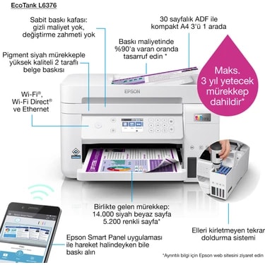 Epson Ecotank L6376 A4 Çok Fonksiyonlu Yazıcı 30 Sayfa Sarf Malzemesi ile Beyaz