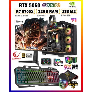 Zeiron Warrior Eagle X55 Ryzen 7 5700X 32GB 1tb M.2 SSD RTX5060 27" 240Hz Sıvı Soğutmalı Oyuncu