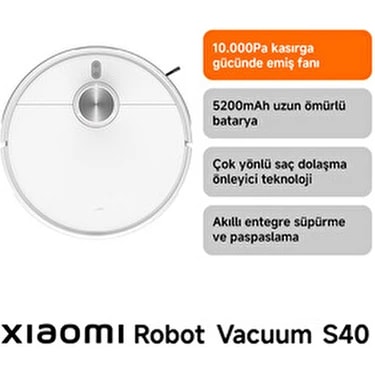 Xiaomi Robot Vacuum S40 Beyaz Akıllı Robot Süpürge 10000 Pa Emiş Gücü ile Etkili