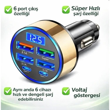 Dijital Ekranlı 6 Çıkışlı Süper Hızlı Araç Içi Şarj Aleti