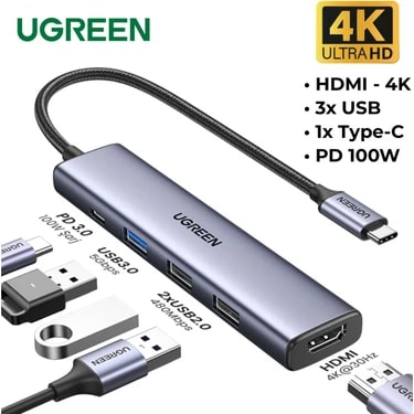 Ugreen Revedok 5'i 1 Arada Type-C Giriş, 3xUSB-A, 1xUSB-C PD 100W, 4K/30Hz HDMI, USB HUB, Dock