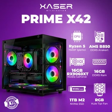 Xaser Prime X42 Ryzen 5 7500F 16GB Ddr5 Ram 1tb M.2 Nvme SSD 16GB RX9060XT Masaüstü Oyuncu