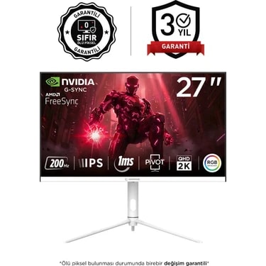 Rampage Glacier GL27R200Q 27 200Hz 1ms Fast IPS Qhd 2k Adaptivesync Rgb Pivot Beyaz Flat Oyuncu