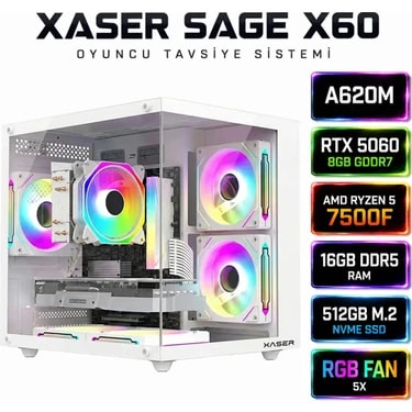 Xaser Sage X60 Ryzen 5 7500F/A620M/Gigabyte 8GB RTX5060/512GB M.2/16GB DDR5 Masaüstü Oyuncu