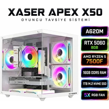 Xaser Apex X50 Ryzen 5 7500F-A620M-/8GB Rtx 5060 Dual /1tb M.2/16GB Ddr5 Beyaz-Gaming Oem Oyuncu