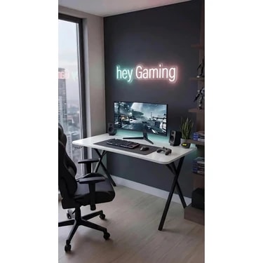 Hey Modüler Mobilya 120 cm Gaming Profesyonel Oyuncu Masası Beyaz Tabla, Siyah Metal Ayaklı Hey