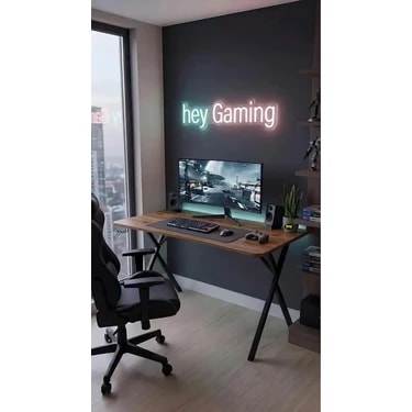 Hey Modüler Mobilya 120 cm Gaming Profesyonel Oyuncu Masası Ceviz Tabla, Siyah Metal Ayaklı Hey