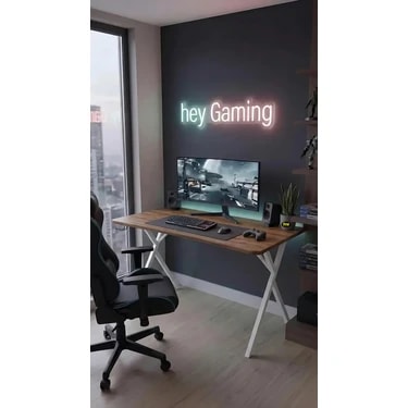 Hey Modüler Mobilya 120 cm Gaming Profesyonel Oyuncu Masası Ceviz Tabla, Beyaz Metal Ayaklı Hey
