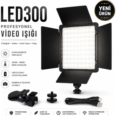 Airstorr LED300 Profesyonel Video Işığı Fotoğraf ve Video Çekim LED Paneli Ayarlanabilir Parlaklık
