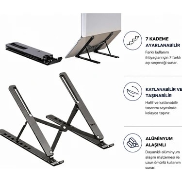 CoverZone Katlanabilir Laptop Standı Alüminyum Alaşımlı 7 Kademe Ayarlanabilir Ergonomik Notebook