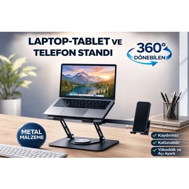 Rose Teknoloji 2si 1 Arada Metal 360 Dönebilen Laptop Tablet+Telefon Standı Katlanabilir