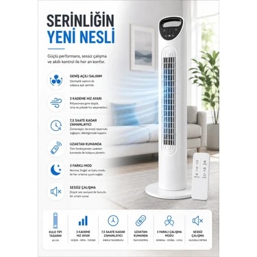 Smayling Kule Tipi Vantilatör | 3 Kademe Hız, 7.5 Saat Zamanlayıcı, Uzaktan Kumandalı, Sessiz