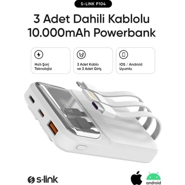 S-link P104 10000mAh PRM Dahili Kablolu HSC22.5W+PD20W Beyaz LCD Taşınabilir Pil Şarj Cihazı