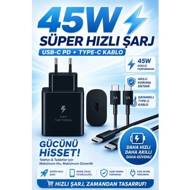 Exonix 45W (Watt) Samsung Uyumlu Süper Hızlı Şarj Uyumlu Başlık | Type-C To Type-C Kablo Set