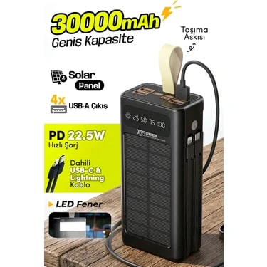 7go Gpw-09 30000MAH Güneş Enerjili Powerbank | Pd 22.5W Hızlı Şarj | Dahili Type-C & Lightning