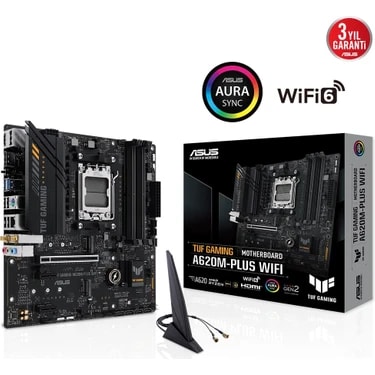 ASUS TUF GAMING A620AM-PLUS WIFI AMD A620A AM5 DDR5 7600 2xDP HDMI Çift M2 USB3.2 AX WiFi + BT AURA