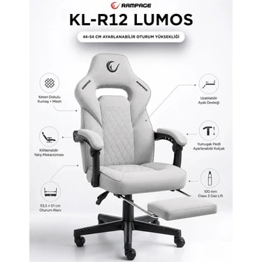 Rampage Lumos Terletmez Kumaş Ayak Destekli Gri Oyuncu Koltuğu -