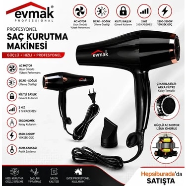 Evmak 3200 Professional Ac Motor Saç Kurutma Fön