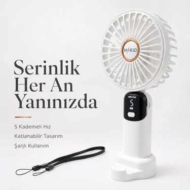Mkio Şarjlı El Vantilatörü 5 Kademeli, Katlanabilir Dijital Ekranlı Mini El Fanı, 1200 Mah, 5
