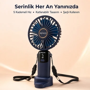 Mkio Şarjlı El Vantilatörü 5 Kademeli, Katlanabilir Dijital Ekranlı Mini El Fanı, 1200 Mah, 5