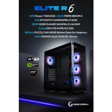 Game Garaj Elite R6 Amd R7 9800X3D RTX5070TI 32GB Ram 1tb SSD 360MM Sıvı Soğt Freedos Oyuncu Oem