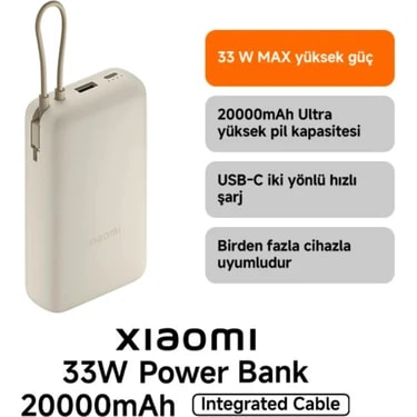 Xiaomi Power Bank USB ve USB-C Portu ve USB-C Entegre Kablo 20000mAh 33W BHR8851GL -