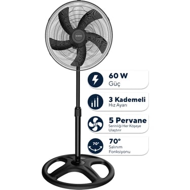Kumtel KTF-345 Siyah 18 İnç Ayaklı Vantilatör 60 W, 5 Pervaneli, 3 Kademeli, 132 cm Ayarlanabilir