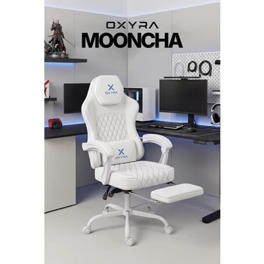 Oxyra Mooncha Oyuncu Koltuğu | Premium Komple Beyaz Terletmez Nefes Alan Deri | Ayak Destekli |