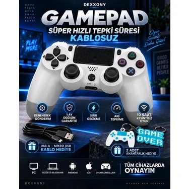 Dexxony Beyaz Premium Ps4 Oyun Kolu Kablolu&kablosuz Kullanım Bluetoothlu Bilgisayar Uyumlu Kol